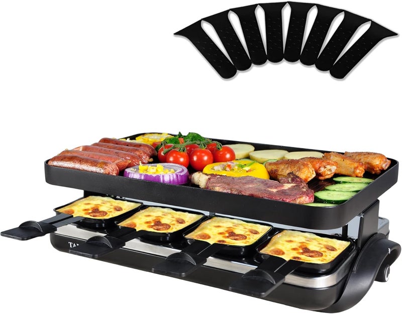 Tamarit Classic 8 Person Raclette Grill 1500W Electric Tabletop Griddle with Reversible Plate, 8 Non-Stick Cheese Trays and Spatulas Indoor Portable Korean BBQ Barbecue Party Grill Black - Image 1